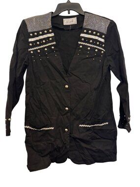 vintage Black D. Frank Embellished Long Blazer With Metallic Accents &